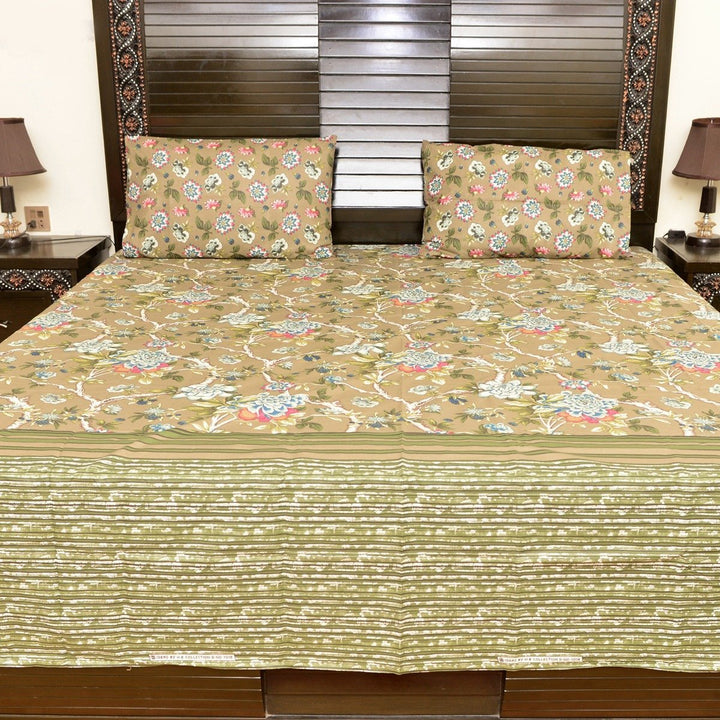 Camel coloured floral cotton bed sheet with 2 pillow cases | Home Décor | Waseeh Pakistan