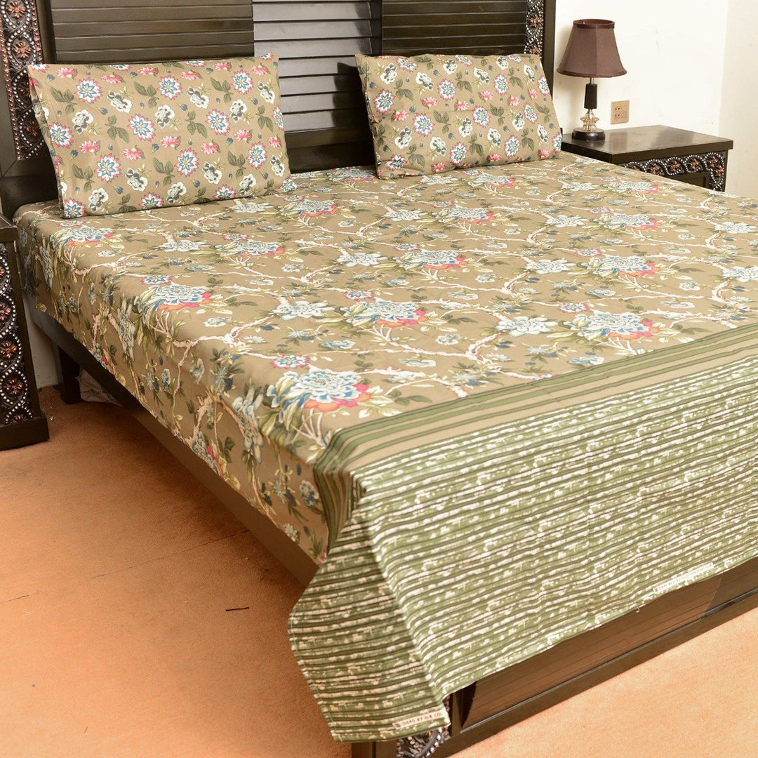 Camel coloured floral cotton bed sheet with 2 pillow cases | Home Décor | Waseeh Pakistan