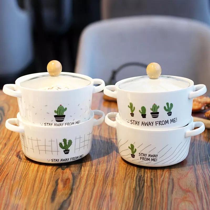 Cartoon Cactus Creative Ceramic Bowl Double Ear Anti-scalding Soup Bowl Korean Style Large Capacity Noodle Bowl | kitchen item | Waseeh Pakistan