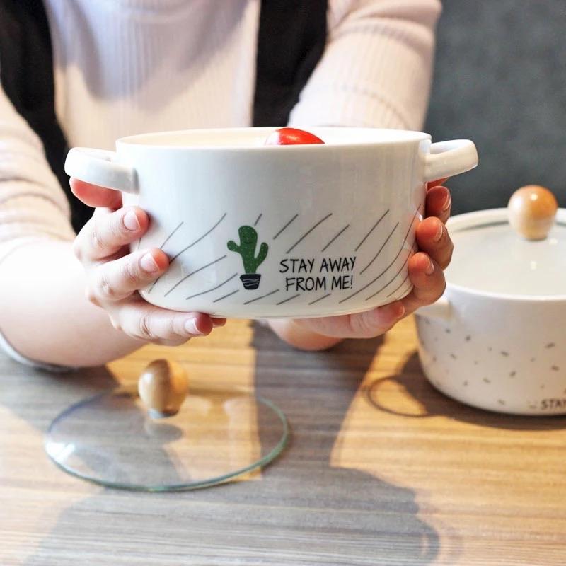 Cartoon Cactus Creative Ceramic Bowl Double Ear Anti-scalding Soup Bowl Korean Style Large Capacity Noodle Bowl | kitchen item | Waseeh Pakistan