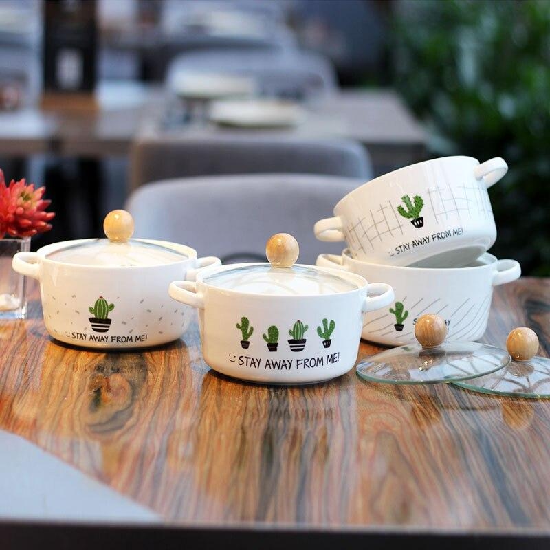 Cartoon Cactus Creative Ceramic Bowl Double Ear Anti-scalding Soup Bowl Korean Style Large Capacity Noodle Bowl | kitchen item | Waseeh Pakistan