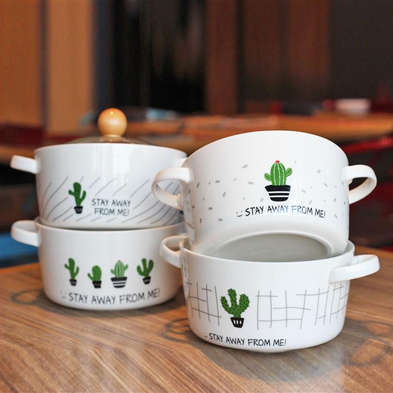 Cartoon Cactus Creative Ceramic Bowl Double Ear Anti-scalding Soup Bowl Korean Style Large Capacity Noodle Bowl | kitchen item | Waseeh Pakistan