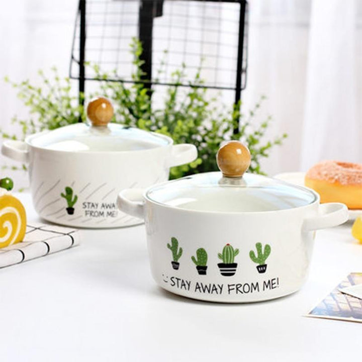 Cartoon Cactus Creative Ceramic Bowl Double Ear Anti-scalding Soup Bowl Korean Style Large Capacity Noodle Bowl | kitchen item | Waseeh Pakistan