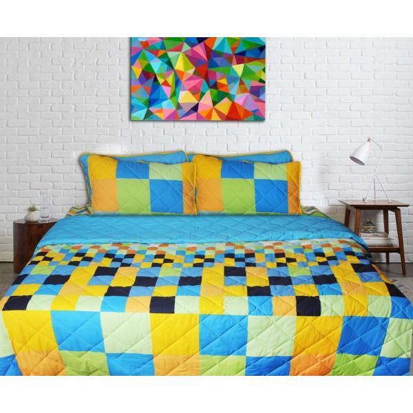 Export Quality Cotton Bed Spread Set - 6 pcs - Blue and Yellow Squared - waseeh.com