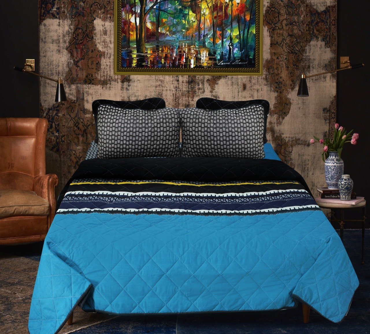 Blue Lined - Export Quality Bed Spread Set - 6 pc - waseeh.com