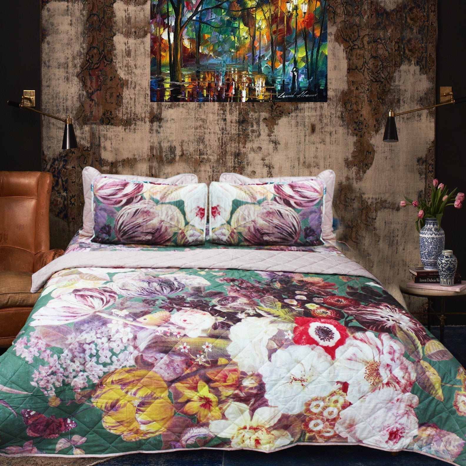 Multi Colored Floral Bed Spread (Comforter Set) - waseeh.com