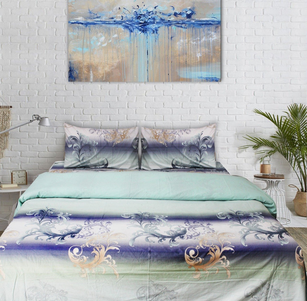 Cotton Quilt Cover Set - 4 pcs - White and Blue Floral | Home Décor | Waseeh Pakistan