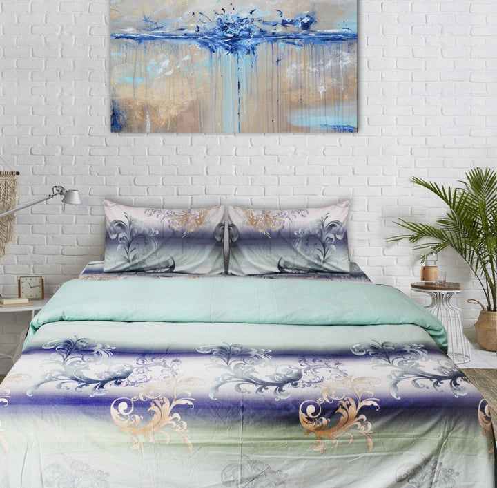 Cotton Quilt Cover Set - 4 pcs - White and Blue Floral | Home Décor | Waseeh Pakistan