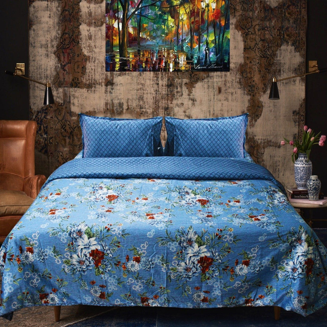 Cotton satin Bedsheet (Blue Floral) | Home Décor | Waseeh Pakistan