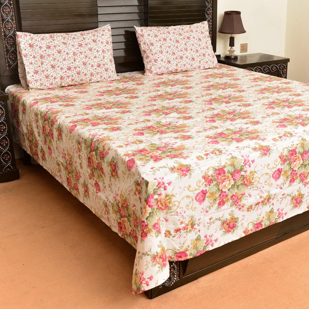 Elegant floral cotton bed sheet with 2 pillow case | Home Décor | Waseeh Pakistan