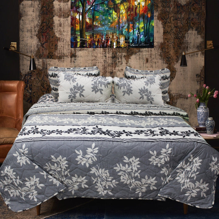 Gray Floral - Cotton Bed Spread Set - 6 pc | Home Décor | Waseeh Pakistan