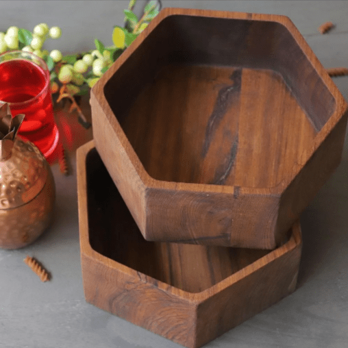 Hexagonal Wooden Kitchen Drawing Room Serving Box Tray | kitchen item | Waseeh Pakistan