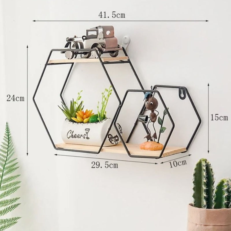Wall Floating Hexy Floating Metal Frame Solid Wood Shelve Decor - waseeh.com