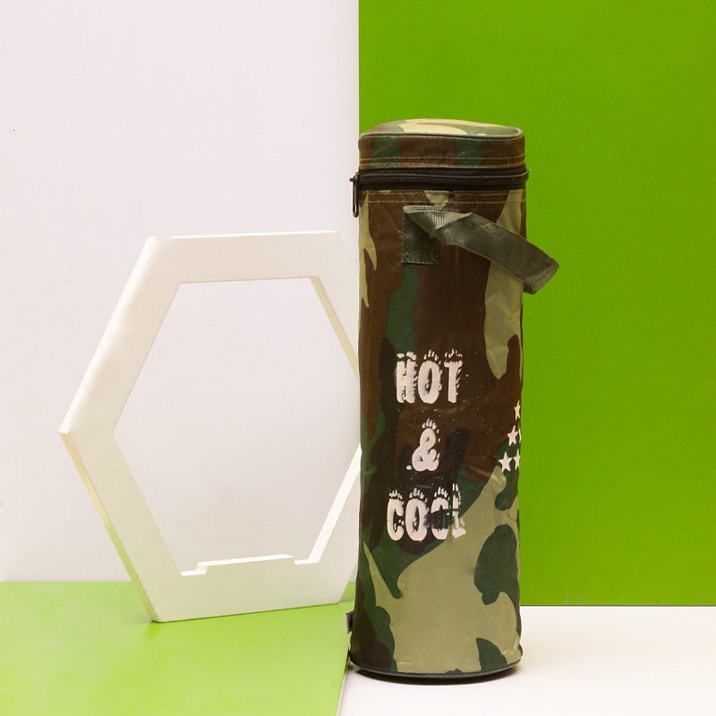 Camouflage thermos storage bag standing beside a white hexagon frame