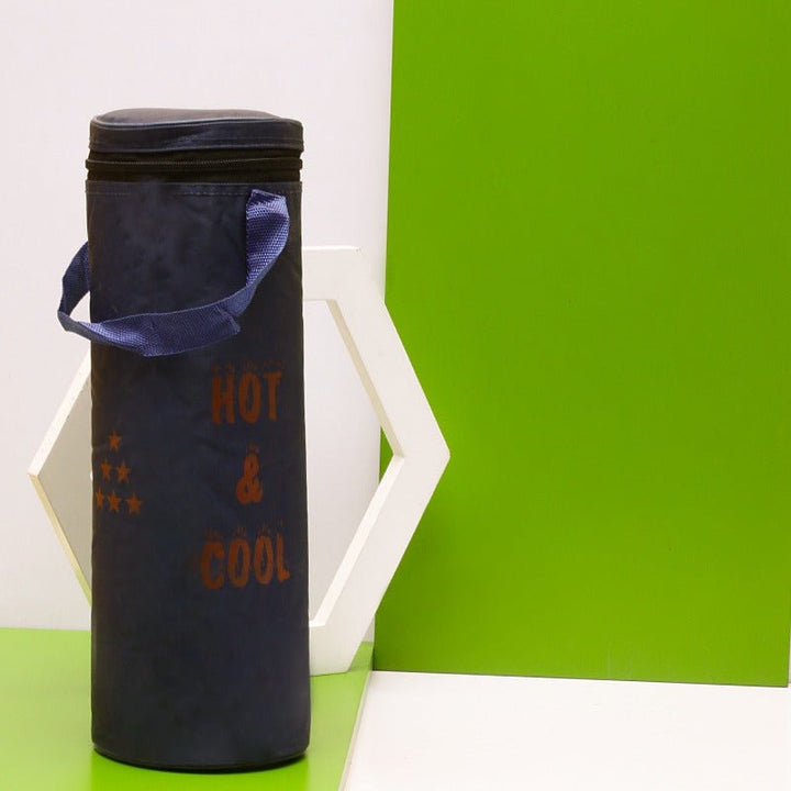 Dark navy thermos storage bag with orange print and carry strap, standing upright