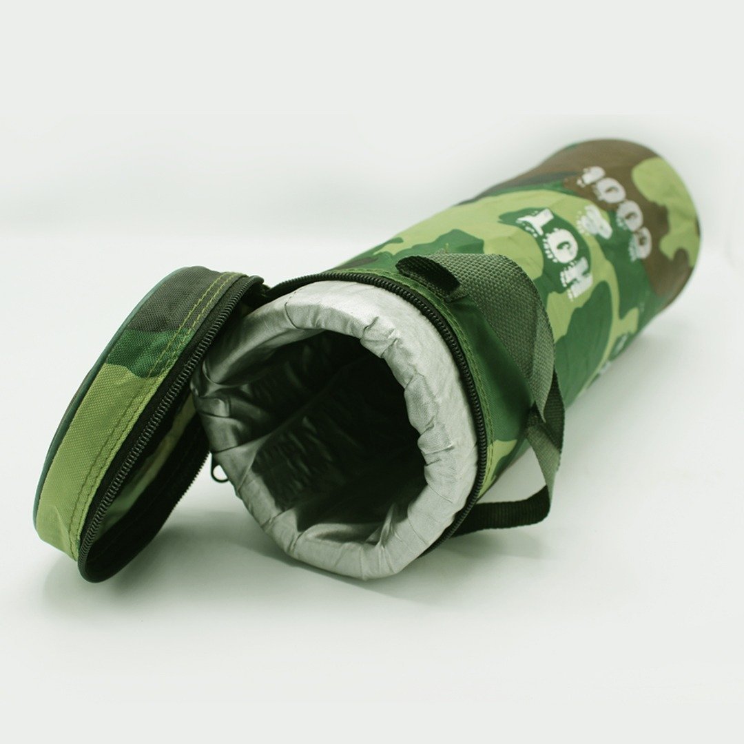 Camouflage thermos storage bag lying open showing padded white insulated interior