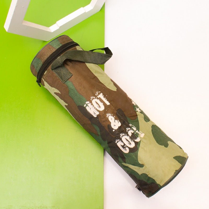 Camouflage print thermos storage bag with black strap lying at an angle