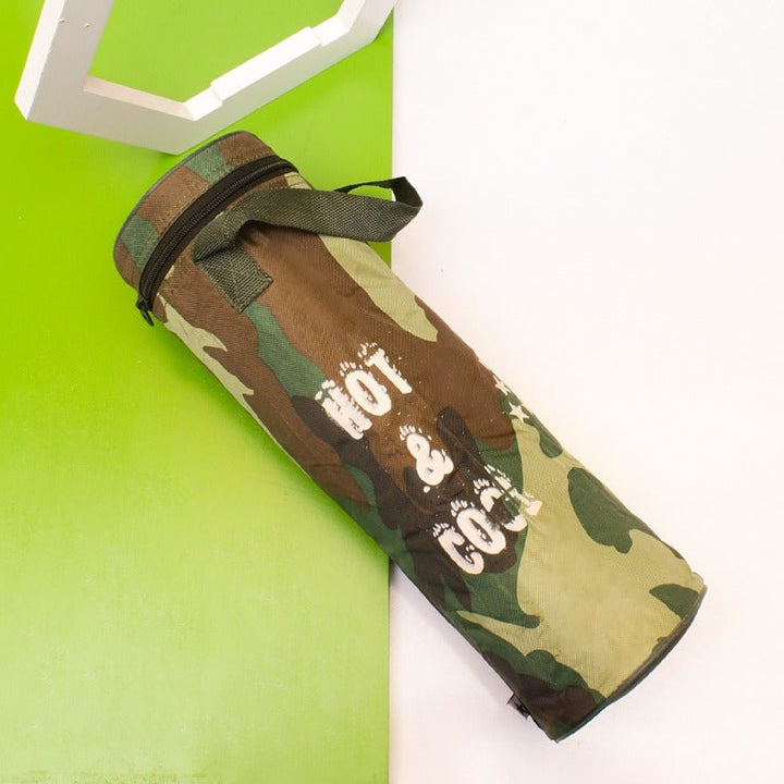 Camouflage print thermos storage bag with black strap lying at an angle