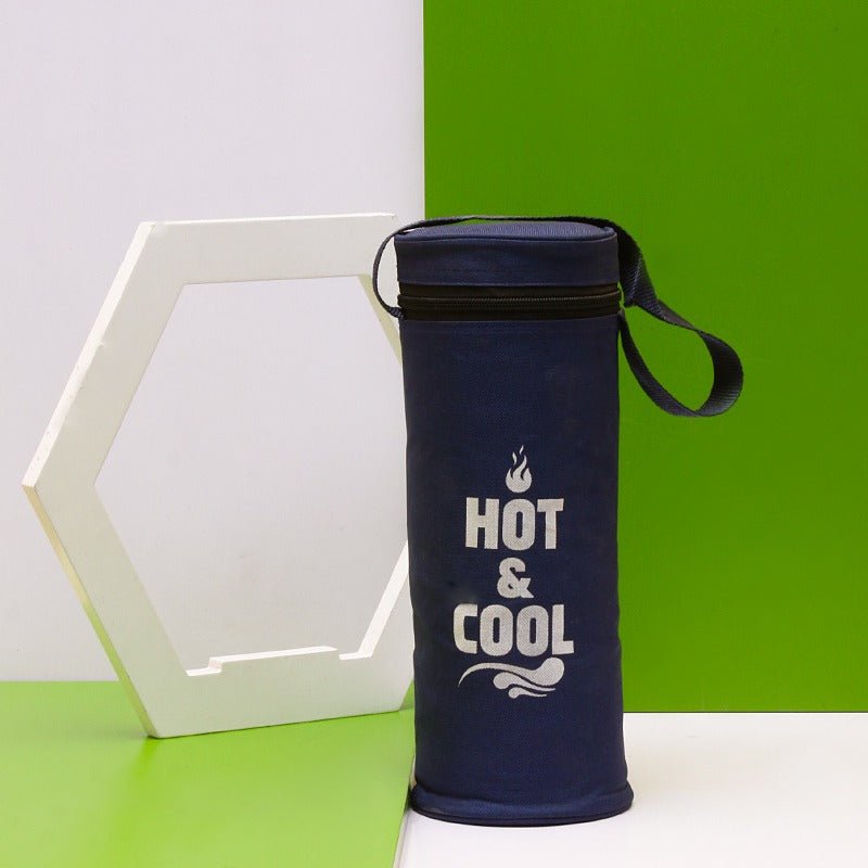 Navy blue thermos storage bag standing upright beside white hexagon frame