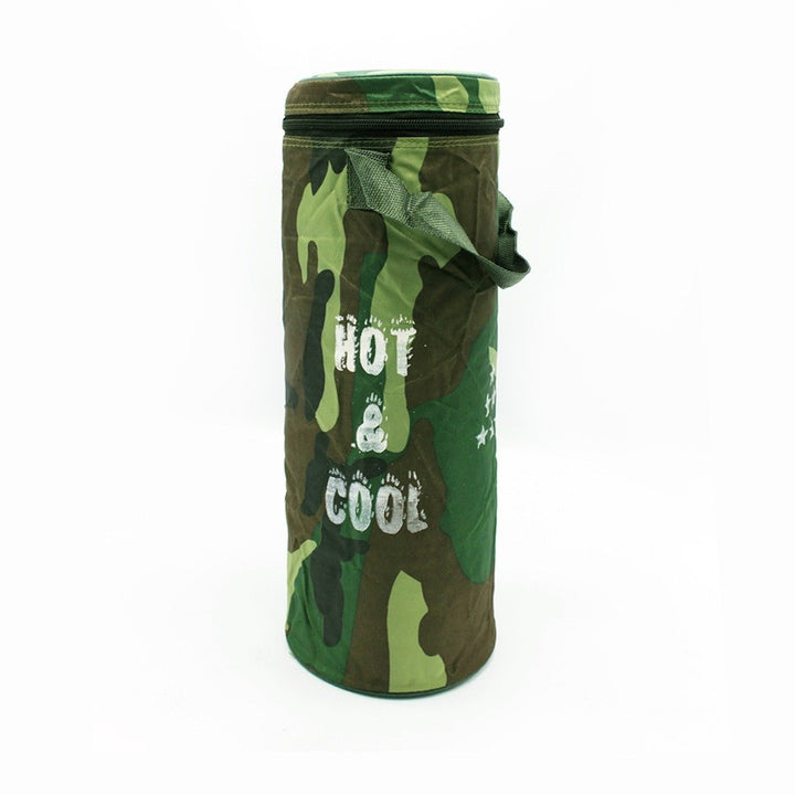 Green camouflage thermos storage bag with zip lid on plain white background