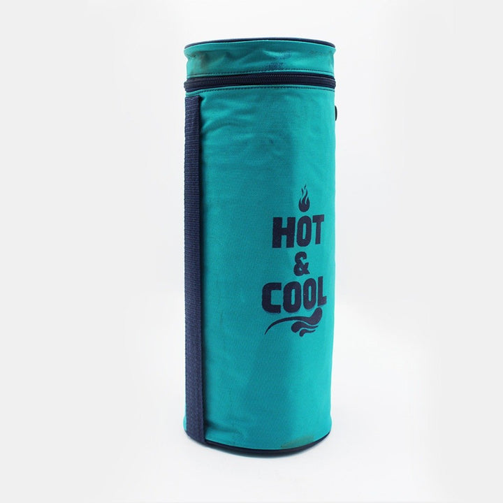 Teal and navy cylindrical thermos storage bag standing upright, front view