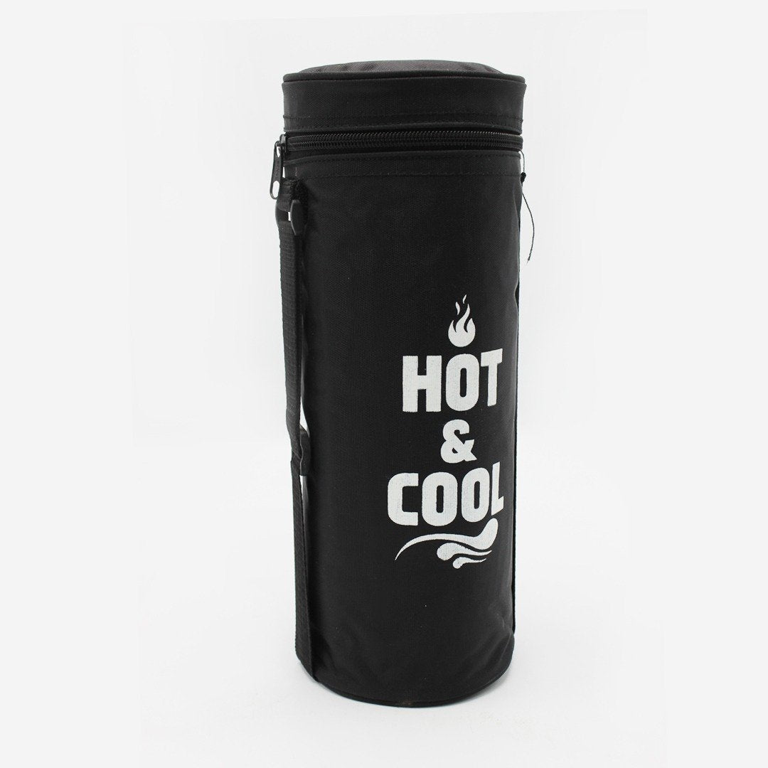 Black cylindrical thermos storage bag with white hot and cool print on white background