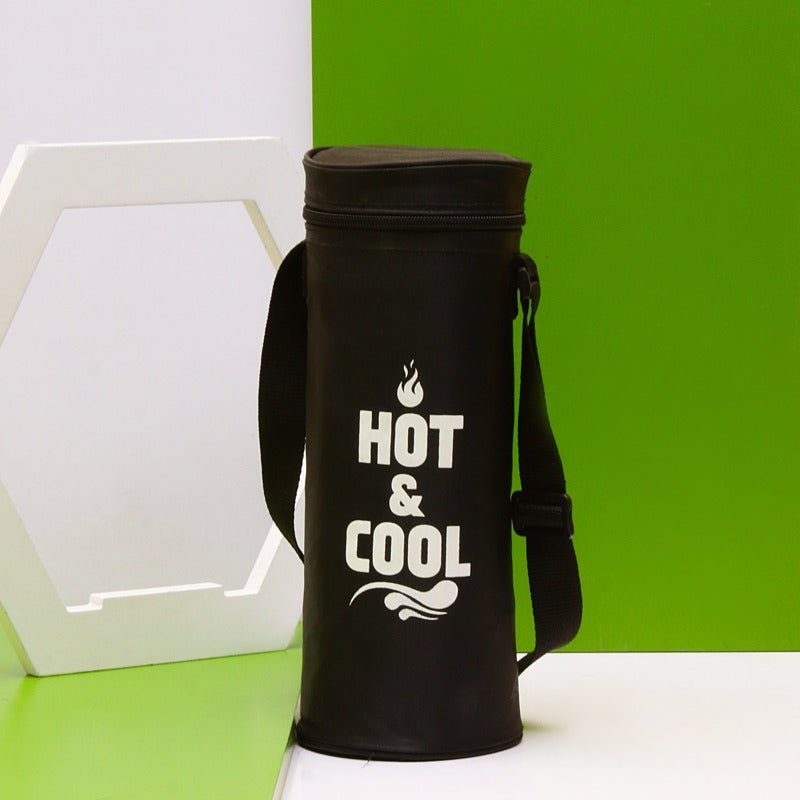 Black thermos storage bag with shoulder strap standing upright, close front view