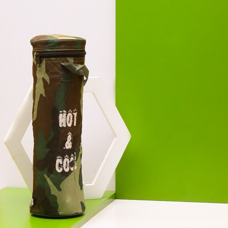 Army camouflage insulated thermos storage bag against a green and white backdrop