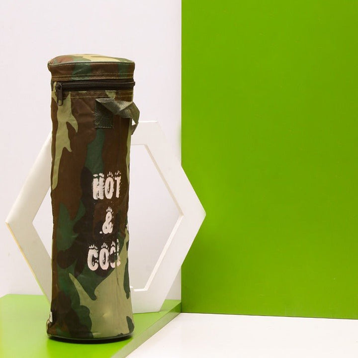 Army camouflage insulated thermos storage bag against a green and white backdrop