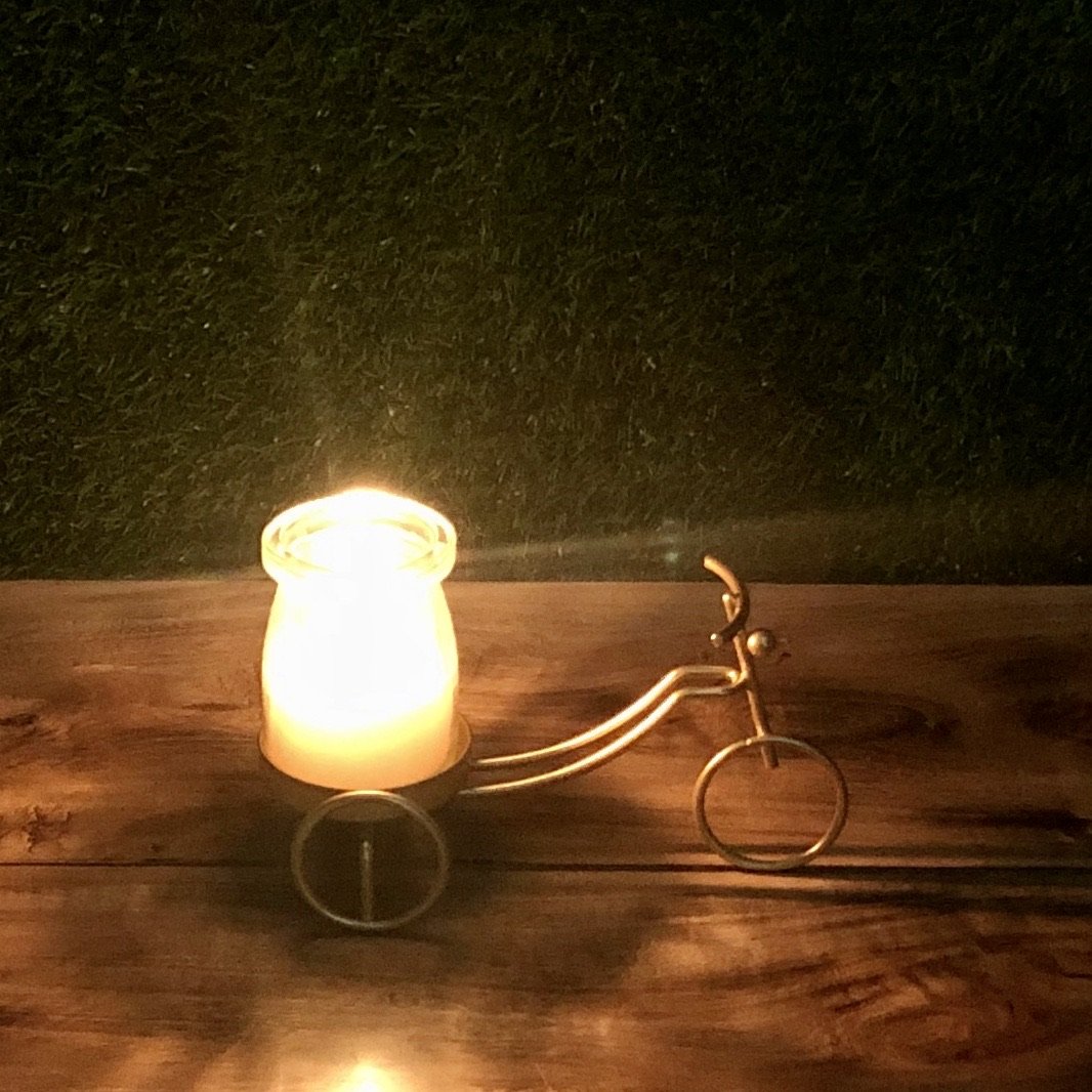 Cycle Metal Golden Candle Stand with Glass Pot &amp; Candle - waseeh.com