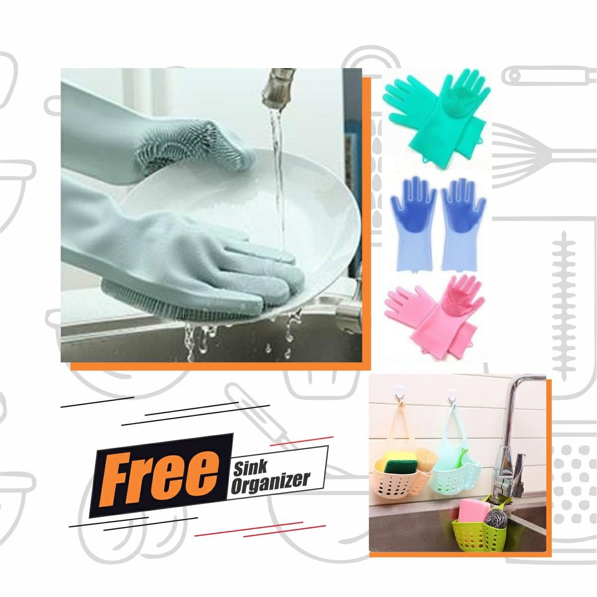 Silicone Dish Washing Gloves with Free Sink Organizer - waseeh.com