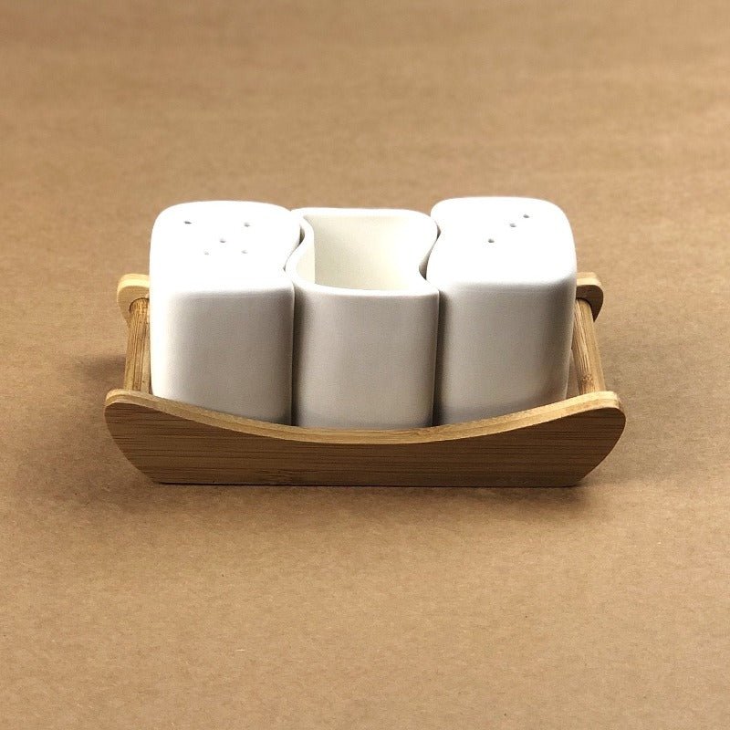 Imperial Ceramic Salt and Pepper Set With Bamboo Base | kitchen item | Waseeh Pakistan