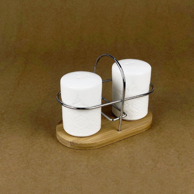 Imperial Ceramic Salt and Pepper Set With Bamboo Base | kitchen item | Waseeh Pakistan