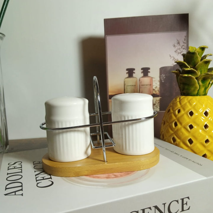 Imperial Ceramic Salt and Pepper Set With Bamboo Base | kitchen item | Waseeh Pakistan