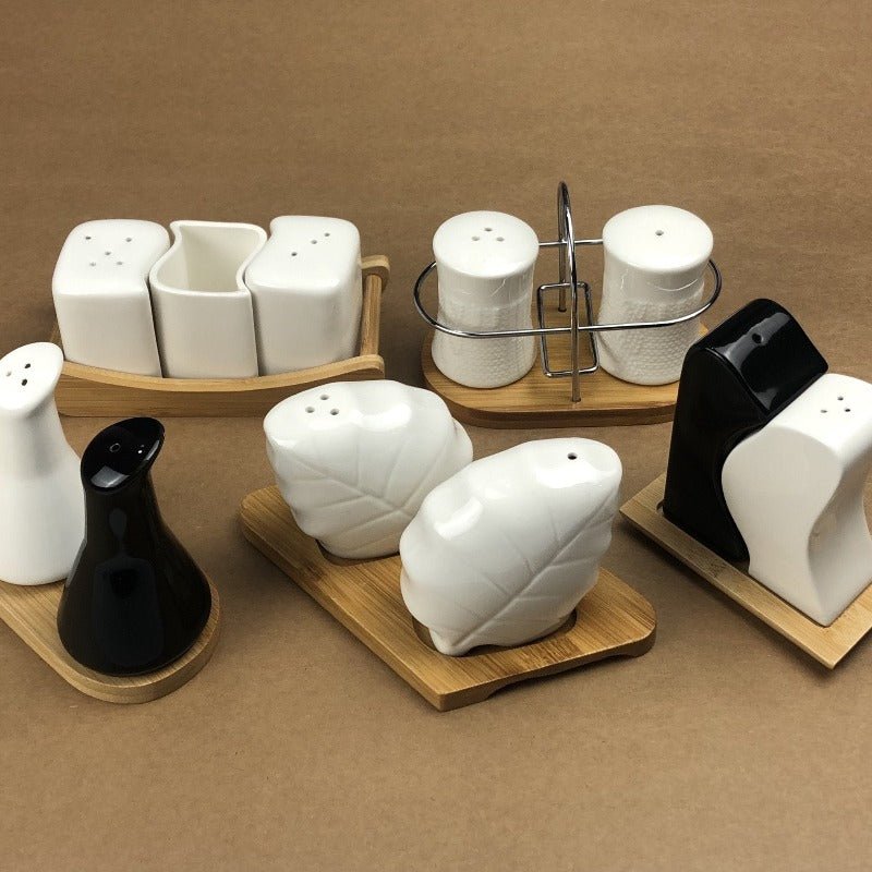 Imperial Ceramic Salt and Pepper Set With Bamboo Base | kitchen item | Waseeh Pakistan