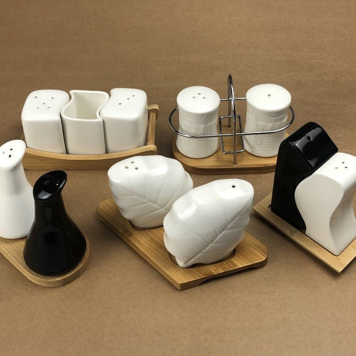 Imperial Ceramic Salt and Pepper Set With Bamboo Base | kitchen item | Waseeh Pakistan