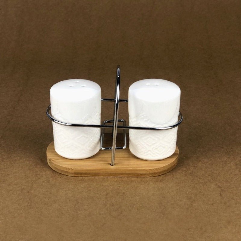 Imperial Ceramic Salt and Pepper Set With Bamboo Base | kitchen item | Waseeh Pakistan