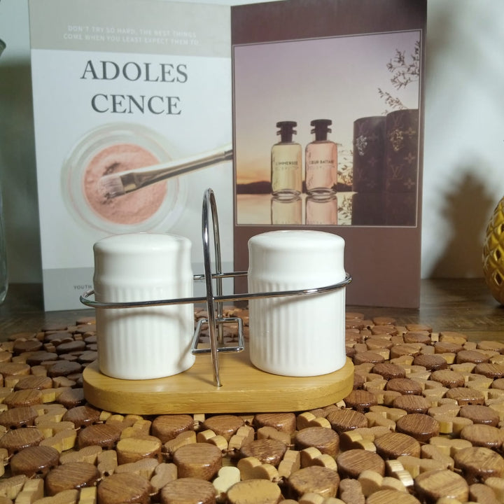 Imperial Ceramic Salt and Pepper Set With Bamboo Base | kitchen item | Waseeh Pakistan