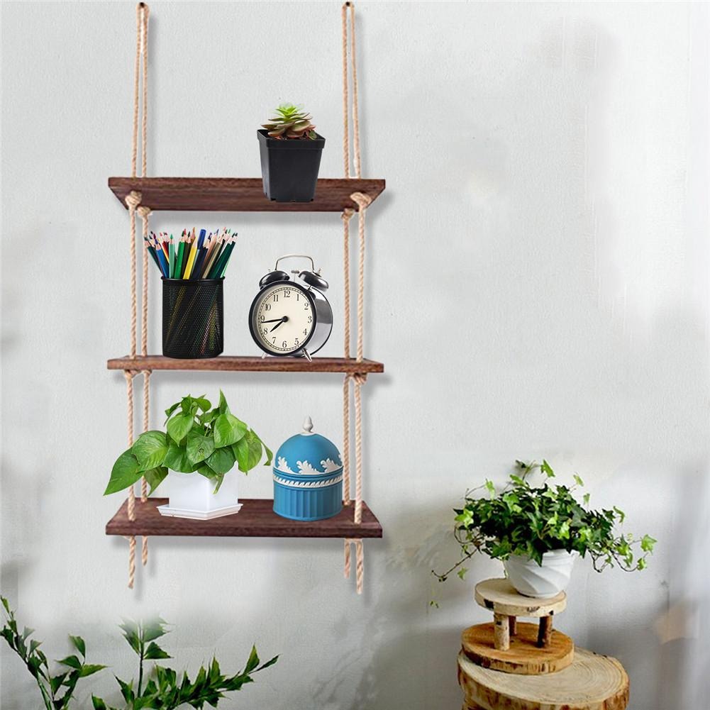 Rope Floating Solid Wood Wall Hanging Shelves Decor waseeh