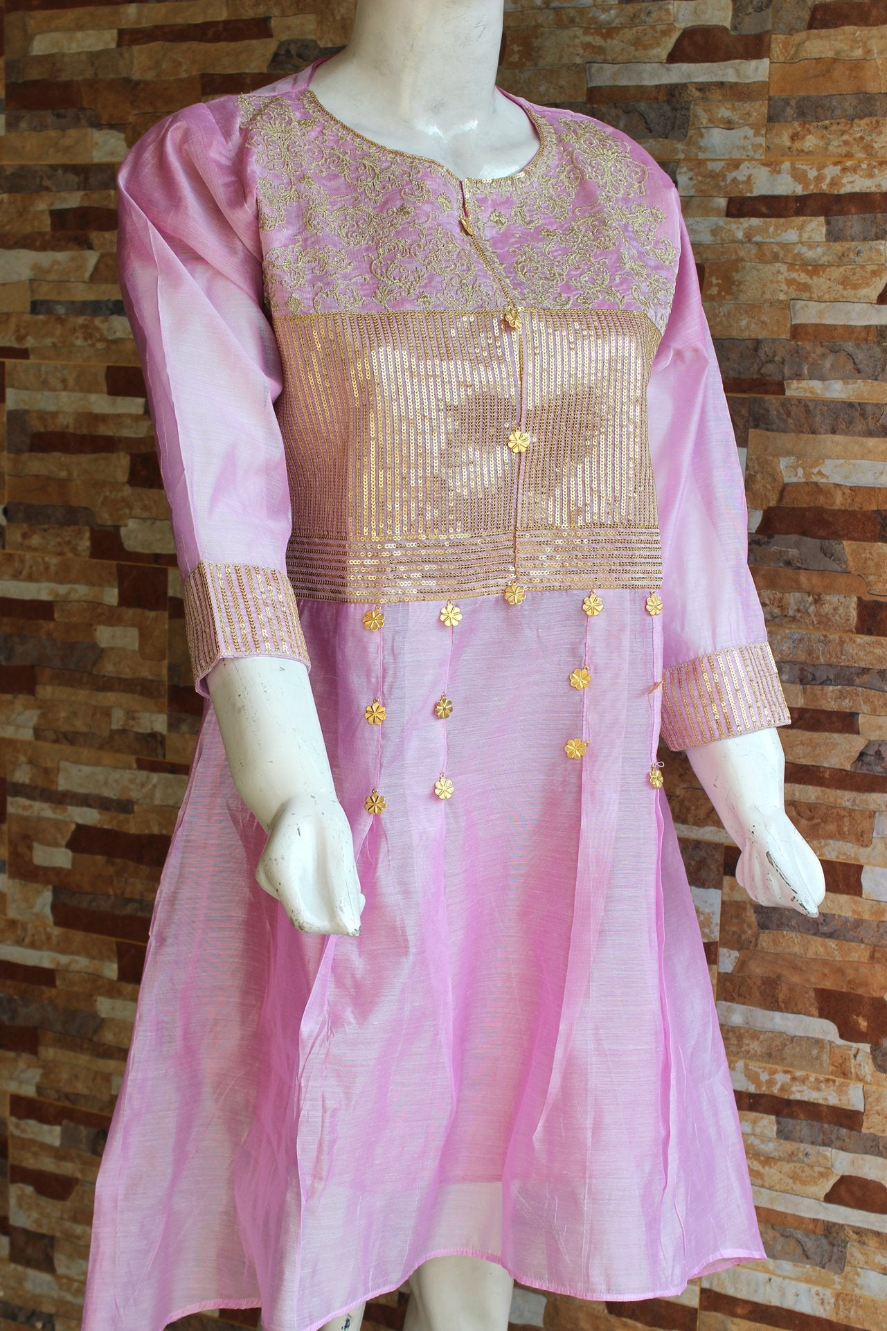 Embroided Pink - Golden Thread Work - Ladies - waseeh.com