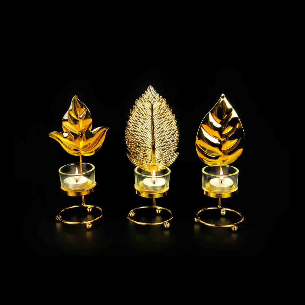 Leaf Metal Golden Candle Stand with Glass Pot | Home Décor | Waseeh Pakistan