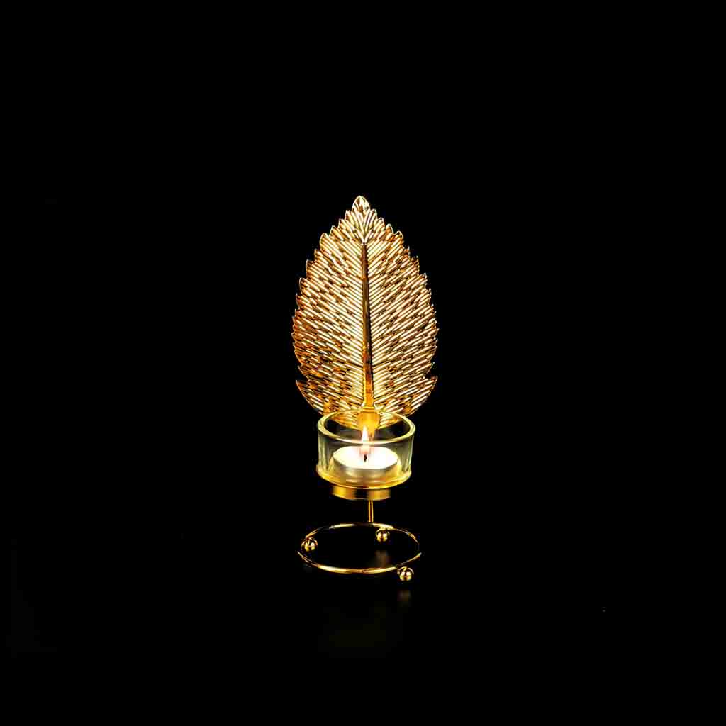 Leaf Metal Golden Candle Stand with Glass Pot | Home Décor | Waseeh Pakistan