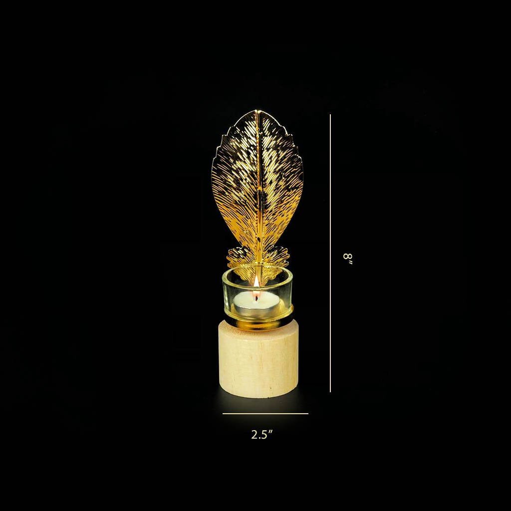 Leaf Metal Golden Candle Stand with Wooden Bases &amp; Glass Pot | Home Décor | Waseeh Pakistan