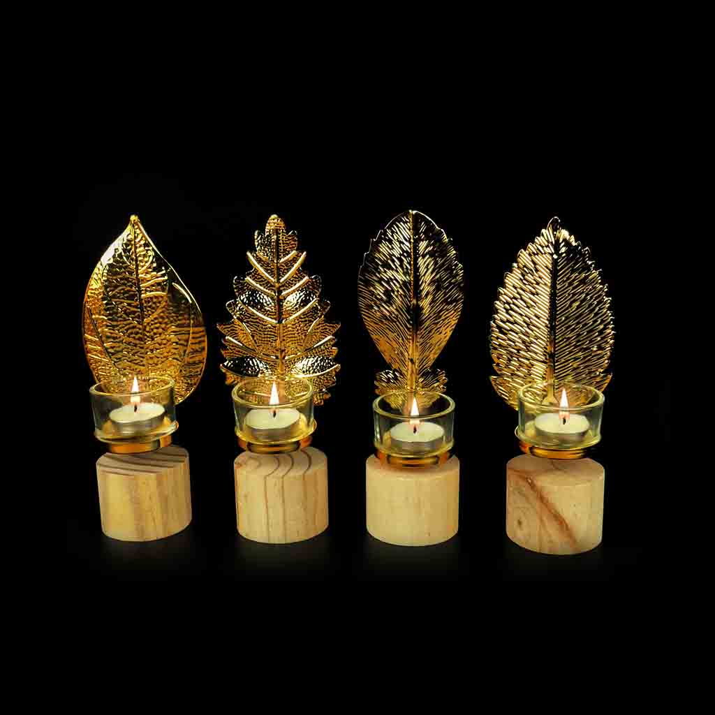 Leaf Metal Golden Candle Stand with Wooden Bases & Glass Pot | Home Décor | Waseeh Pakistan