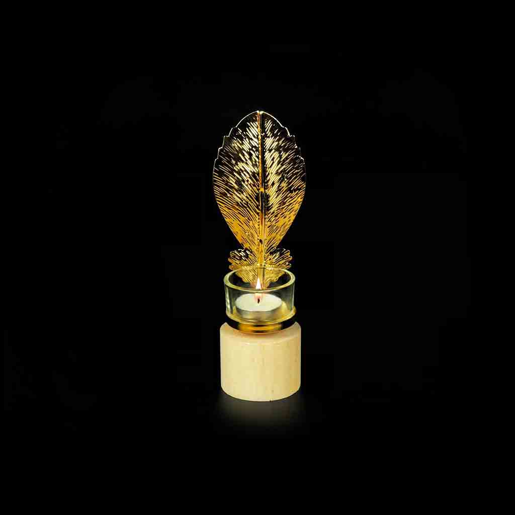 Leaf Metal Golden Candle Stand with Wooden Bases &amp; Glass Pot | Home Décor | Waseeh Pakistan