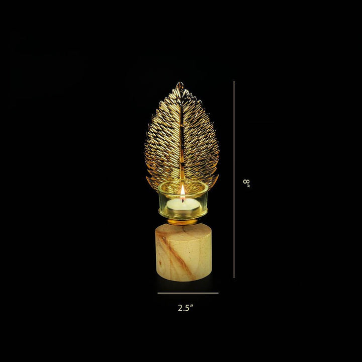 Leaf Metal Golden Candle Stand with Wooden Bases &amp; Glass Pot | Home Décor | Waseeh Pakistan