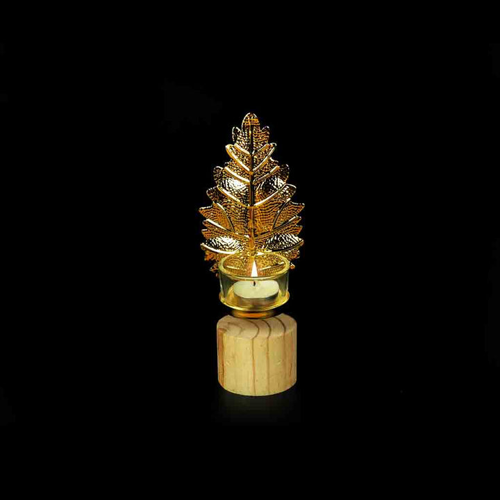 Leaf Metal Golden Candle Stand with Wooden Bases &amp; Glass Pot | Home Décor | Waseeh Pakistan