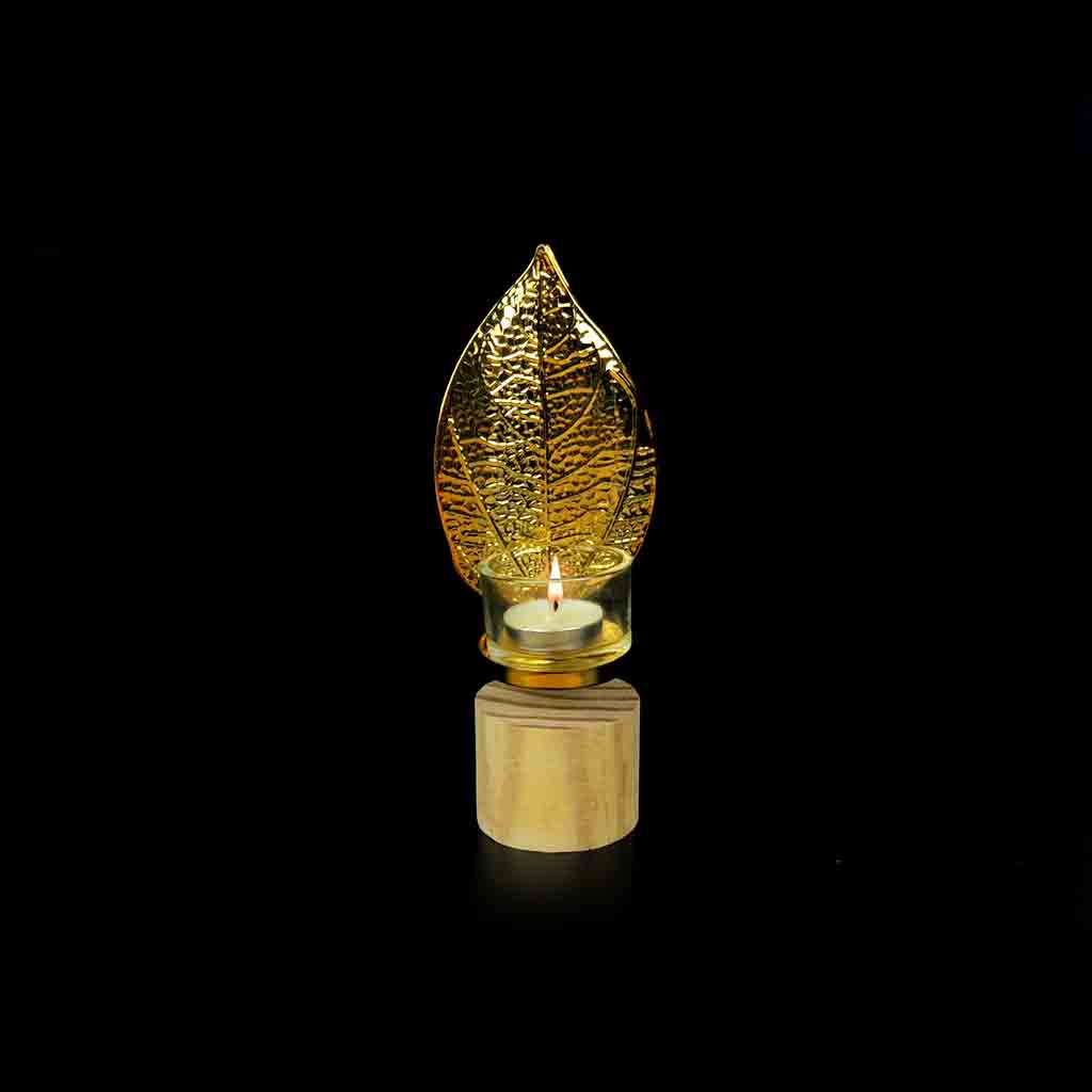 Leaf Metal Golden Candle Stand with Wooden Bases &amp; Glass Pot | Home Décor | Waseeh Pakistan