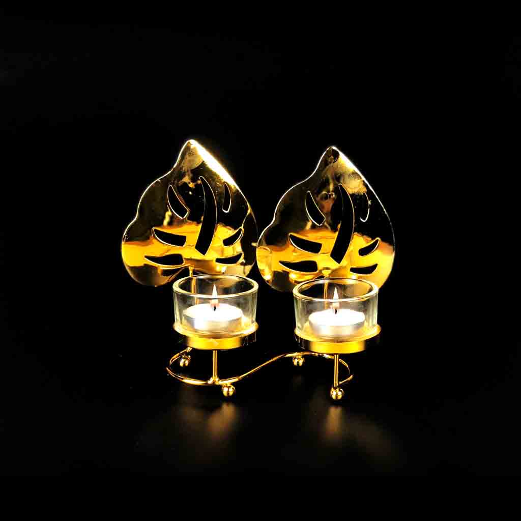Leaf Metal Golden Double Candle Stand with Glass Pot | Home Décor | Waseeh Pakistan