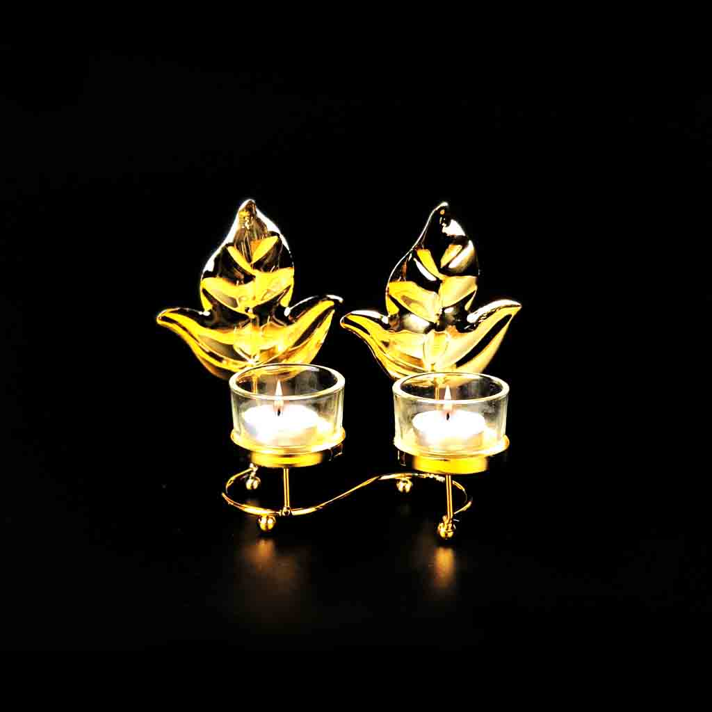 Leaf Metal Golden Double Candle Stand with Glass Pot | Home Décor | Waseeh Pakistan